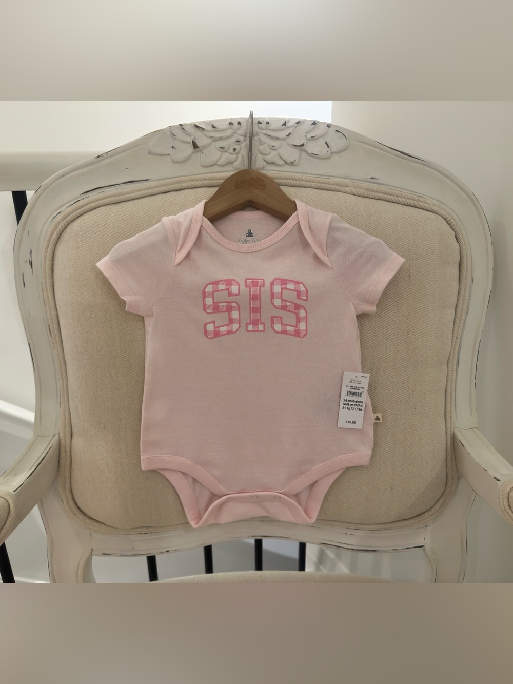 🩰 3~6 Mth Ballet Pink 'SIS' Short-Sleeve Baby One-Piece 100% Cotton Bodysuit NWT